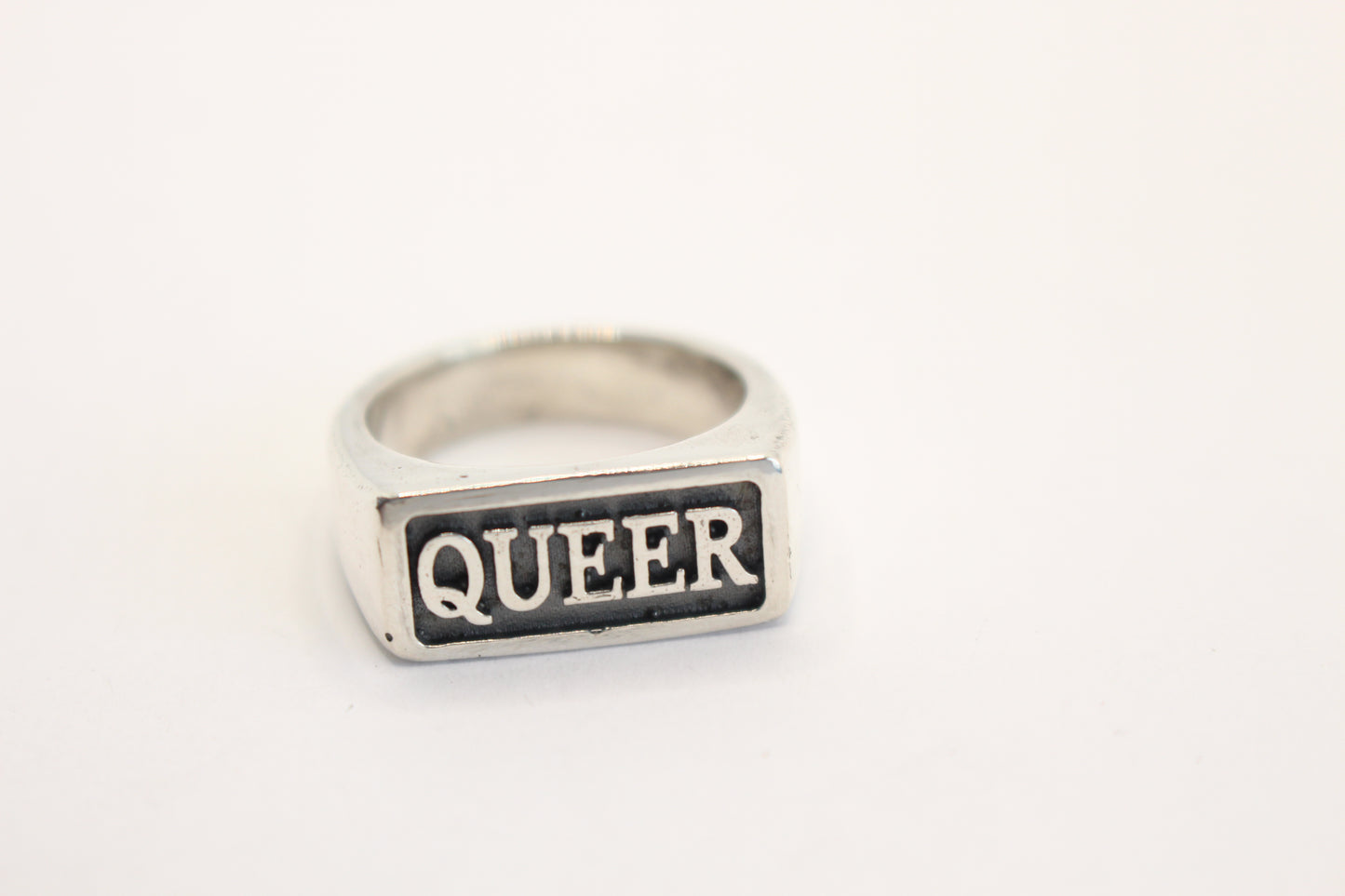 Sterling silver Ring rectangle shape with word QUEER shiny finished