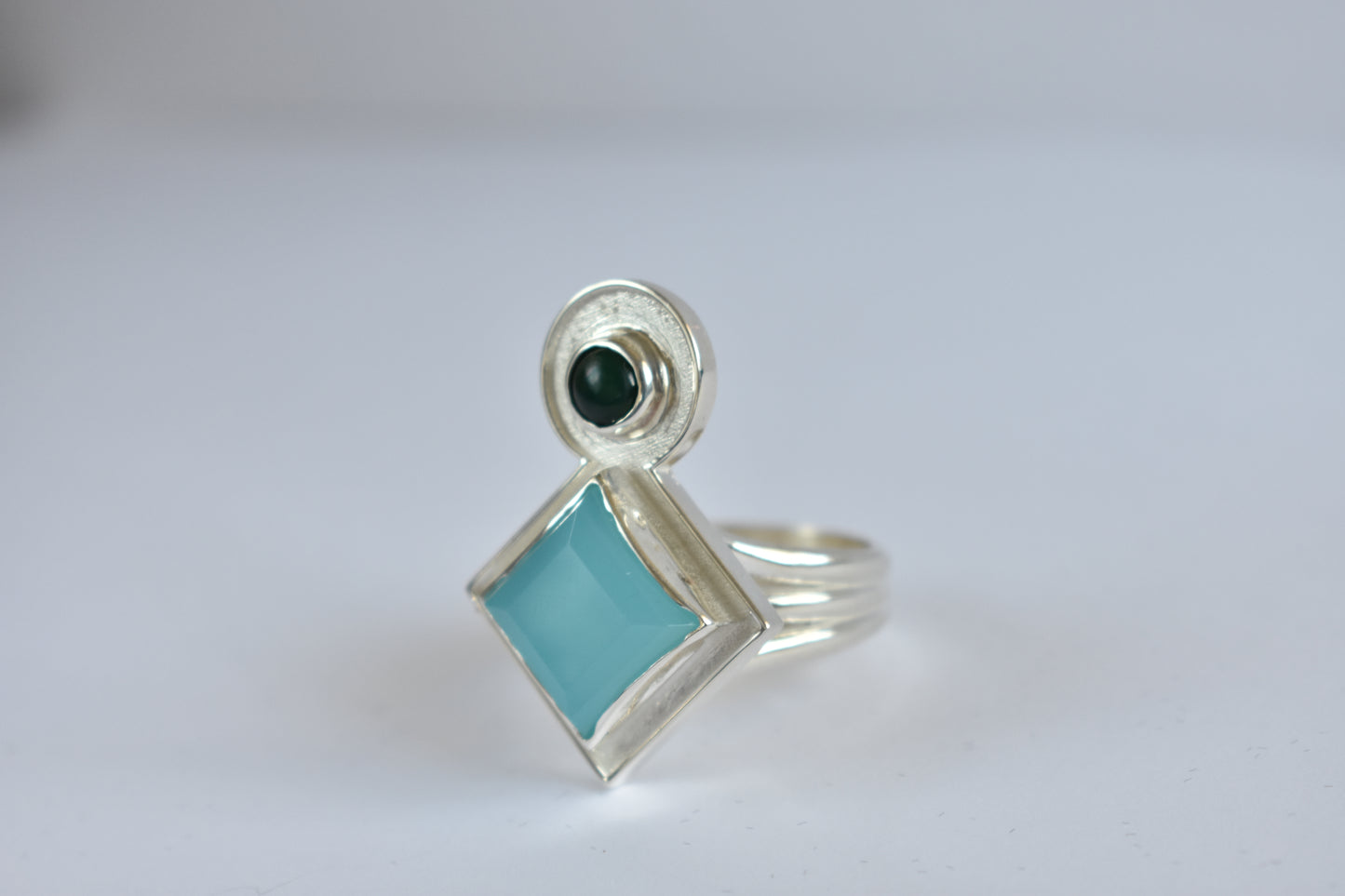 Sterling silver Blue Chalcedony and Jade stone  ring - Geometric -modernist