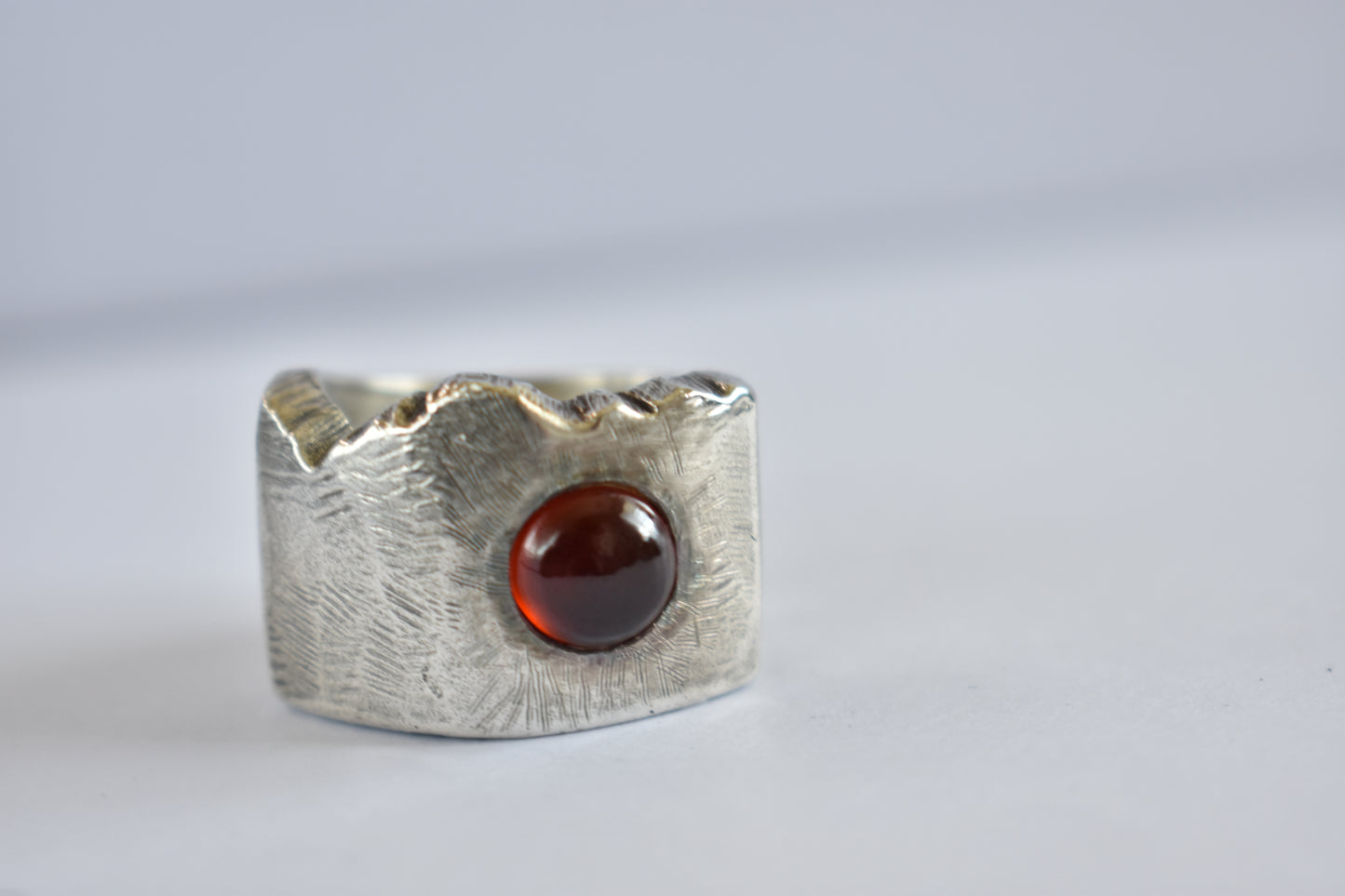 Sterling Silver and round Garnet Stone Ring - one of a kind - free Form