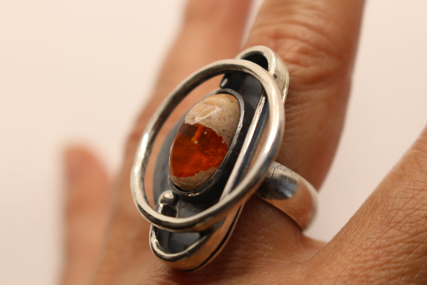 Sterling Silver Ring Mexican fire Opal -Size 7 3/4 -One of a Kind