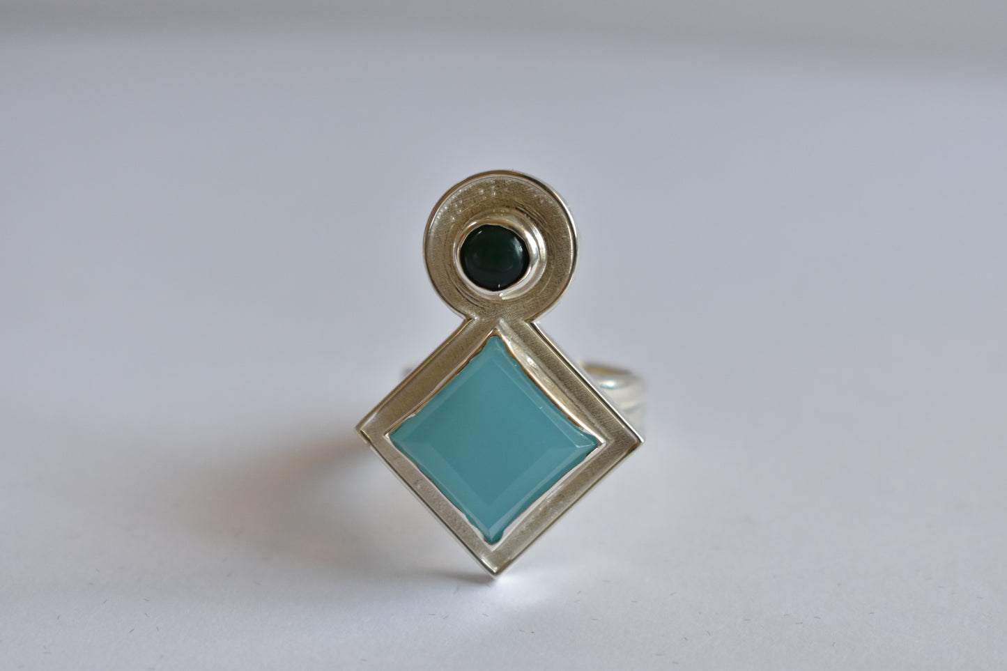 Sterling silver Blue Chalcedony and Jade stone  ring - Geometric -modernist