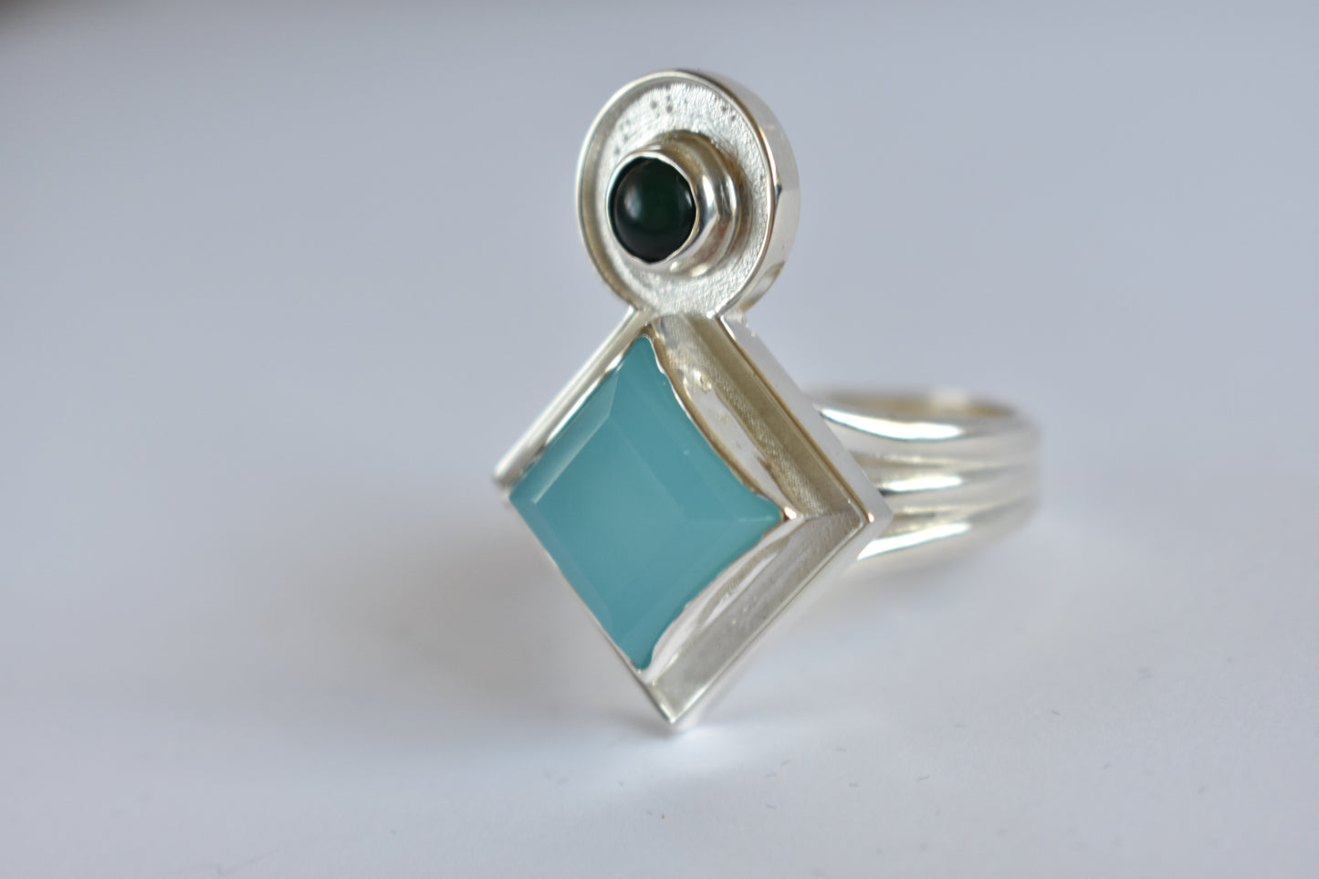 Sterling silver Blue Chalcedony and Jade stone  ring - Geometric -modernist