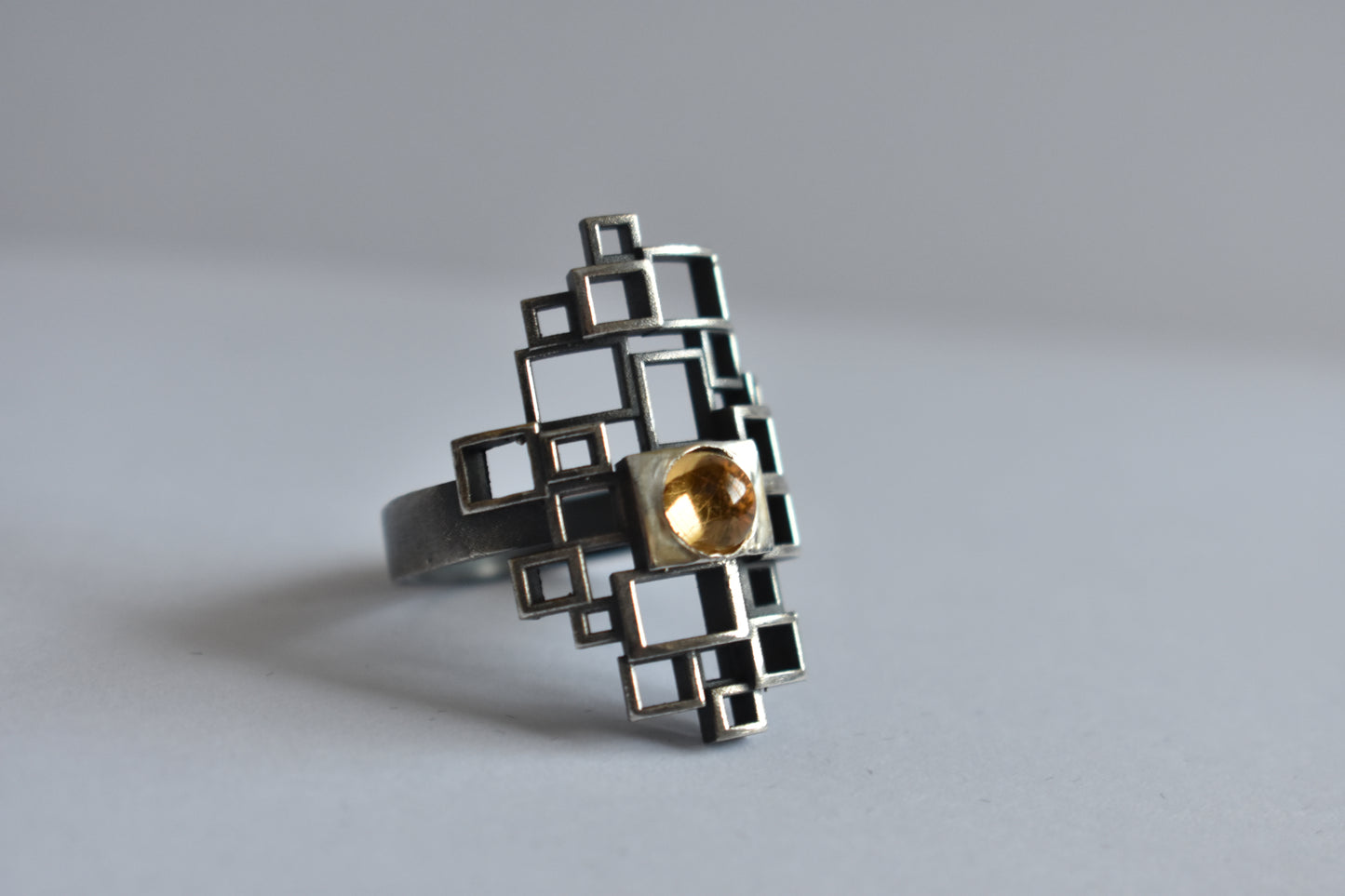 Sterling Silver Geometric Ring with Citrine Stone