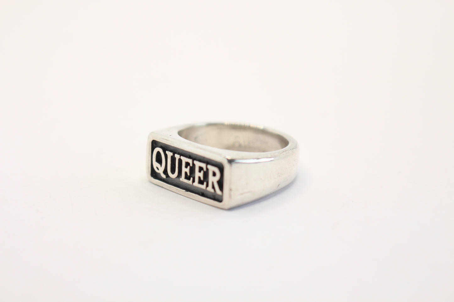 Sterling silver Ring rectangle shape with word QUEER shiny finished