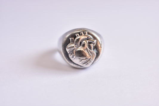 Sterling Silver and Anatomical Heart Signet Round Ring