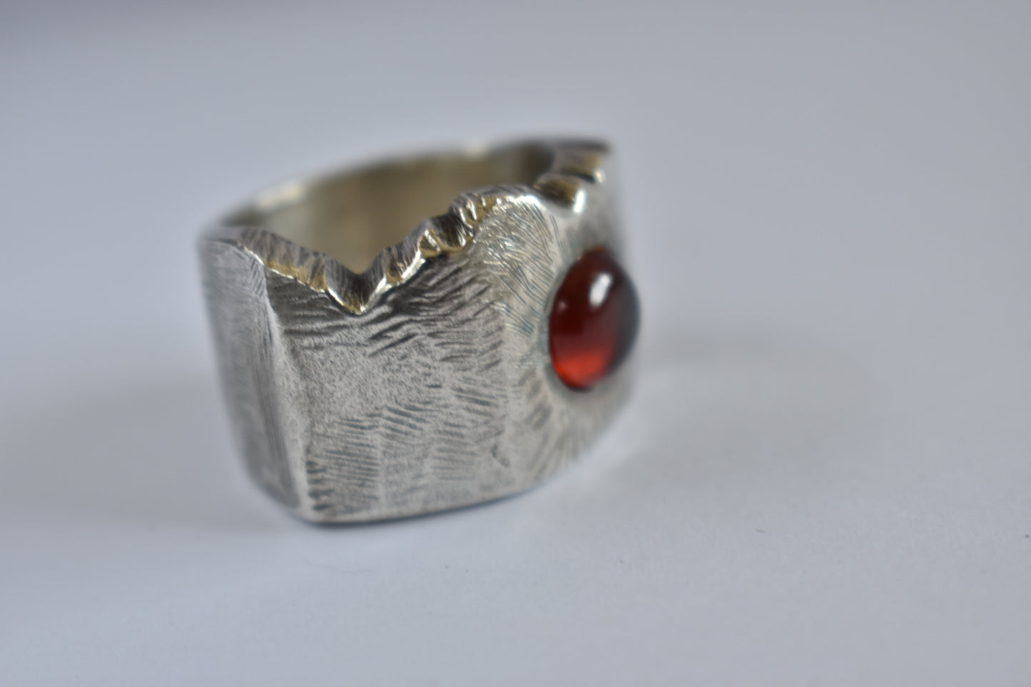 Sterling Silver and round Garnet Stone Ring - one of a kind - free Form