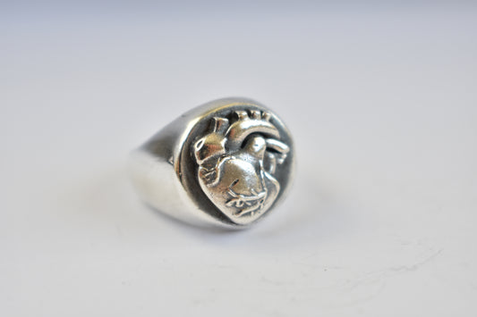 Sterling Silver Anatomical Heart Signet Ring- Round- Classic