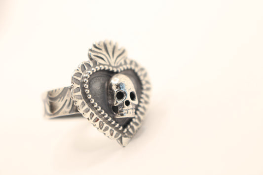 Sterling Silver Burning Heart Ring with a skull at its center - size 8