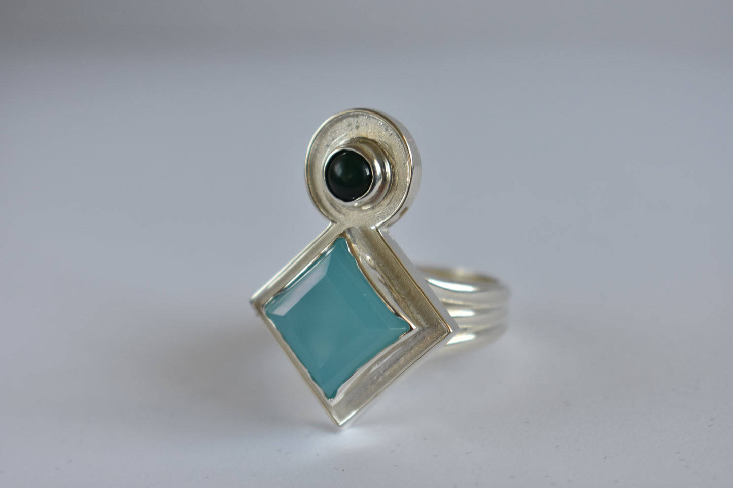 Sterling silver Blue Chalcedony and Jade stone  ring - Geometric -modernist