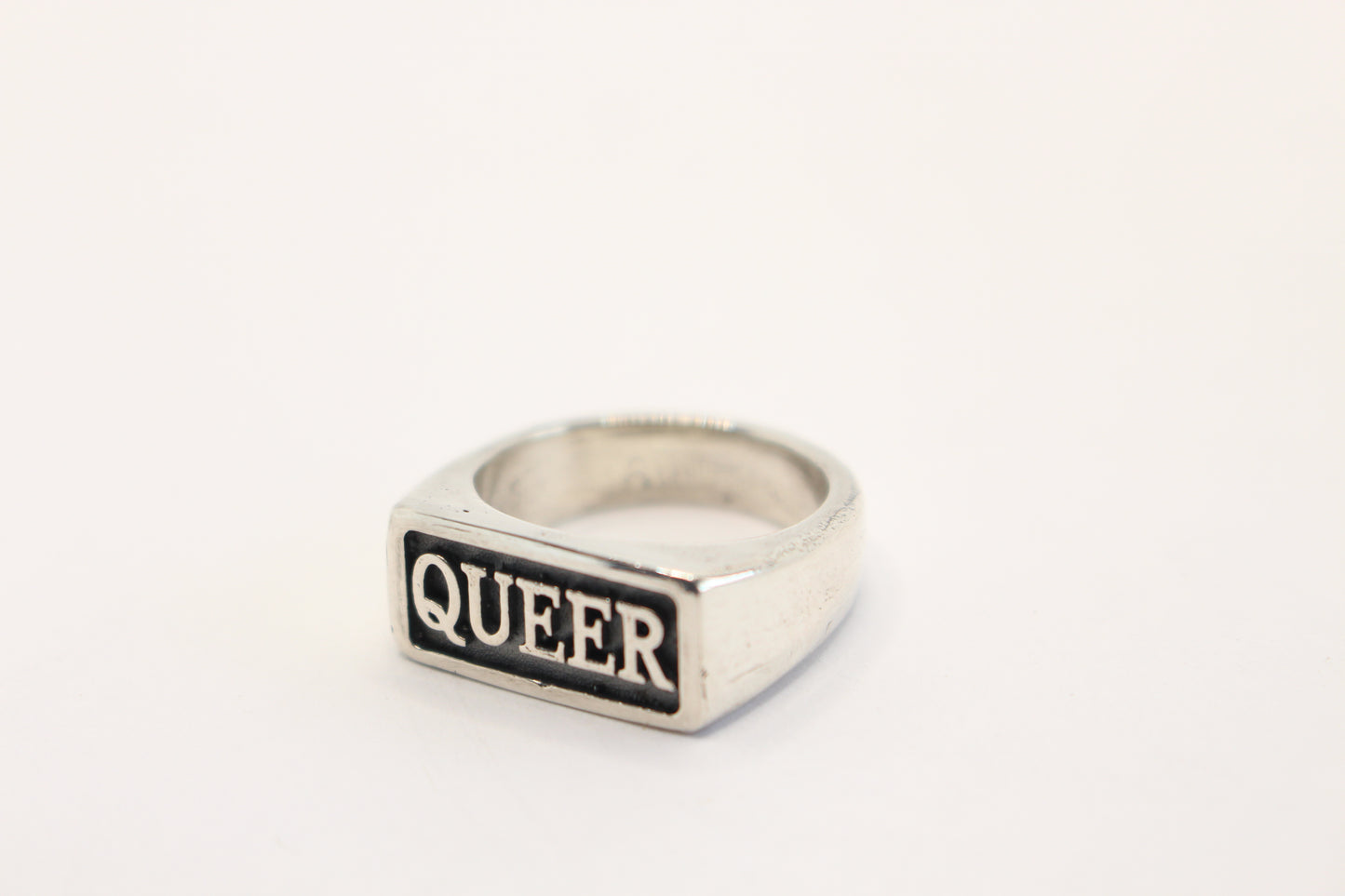 Sterling silver Ring rectangle shape with word QUEER shiny finished