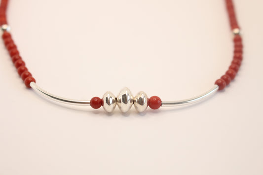 Red coral Necklace with Sterling Silver Accents