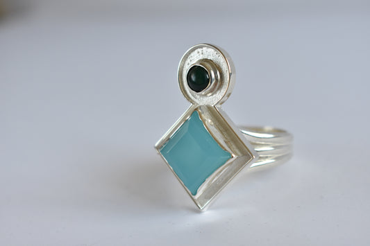 Sterling silver Blue Chalcedony and Jade stone  ring - Geometric -modernist