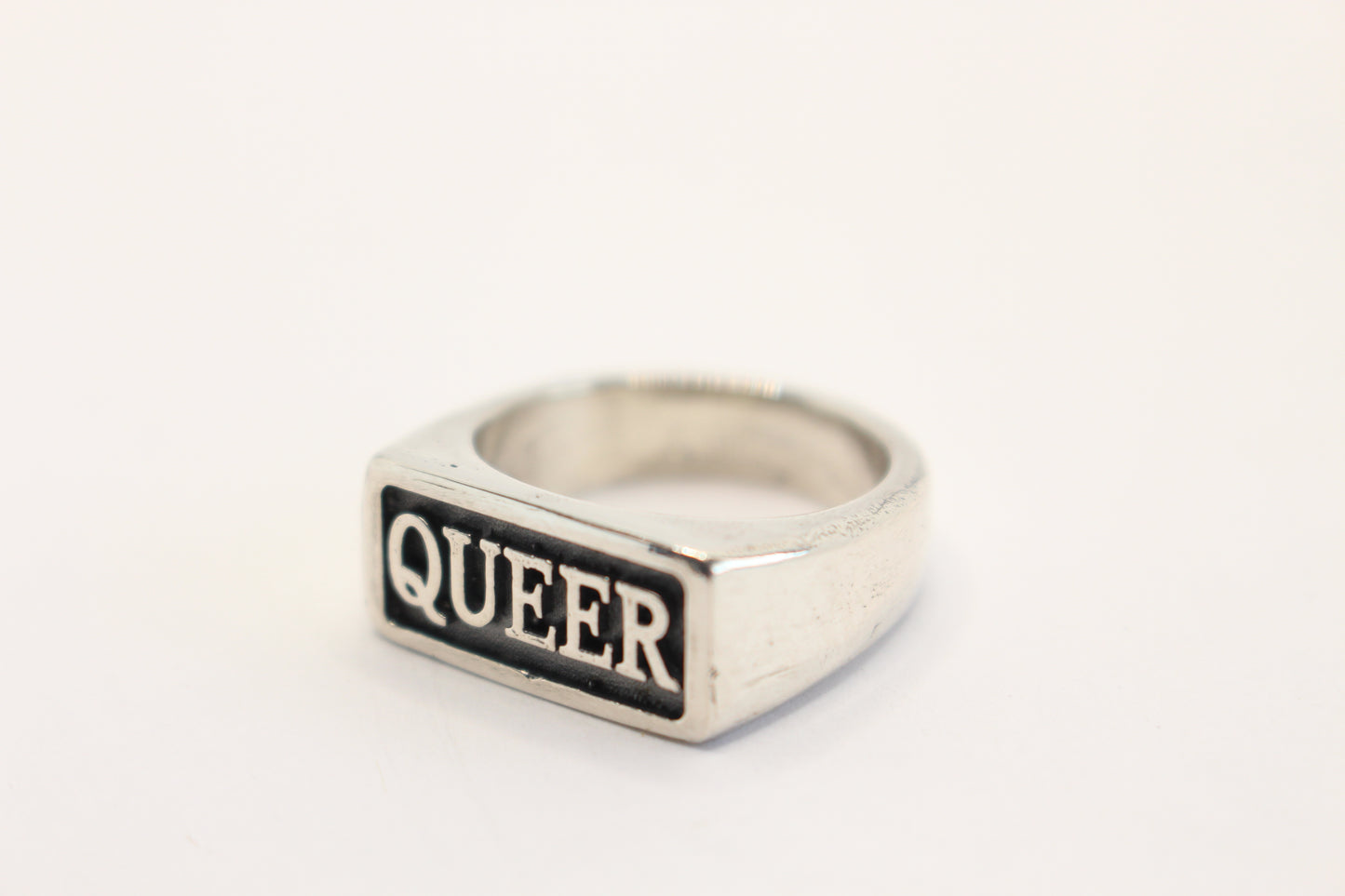 Sterling silver Ring rectangle shape with word QUEER shiny finished