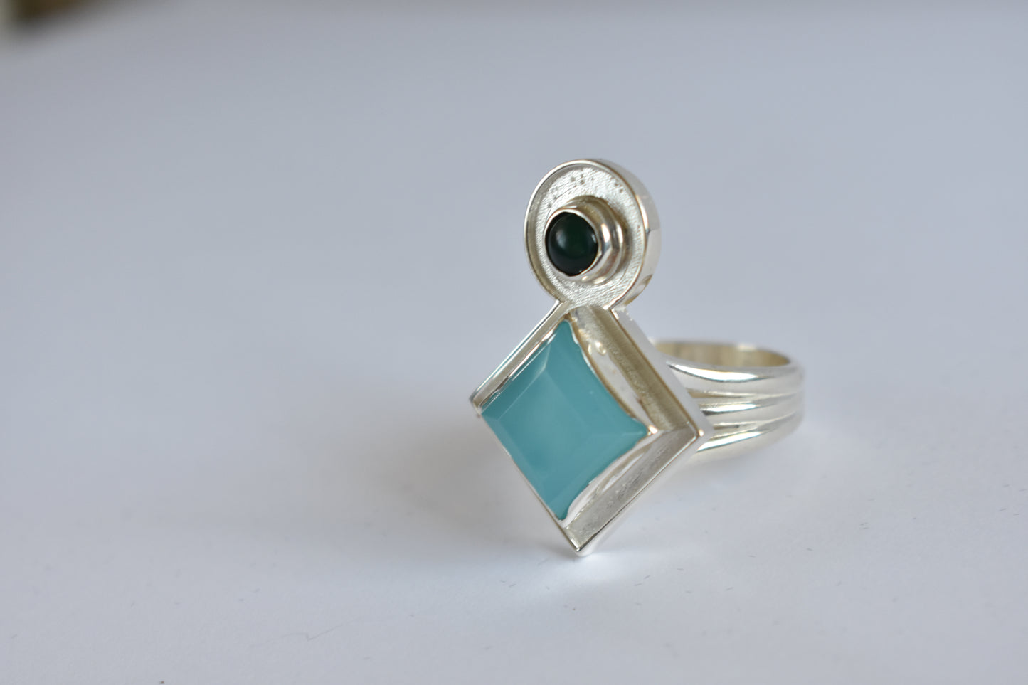 Sterling silver Blue Chalcedony and Jade stone  ring - Geometric -modernist