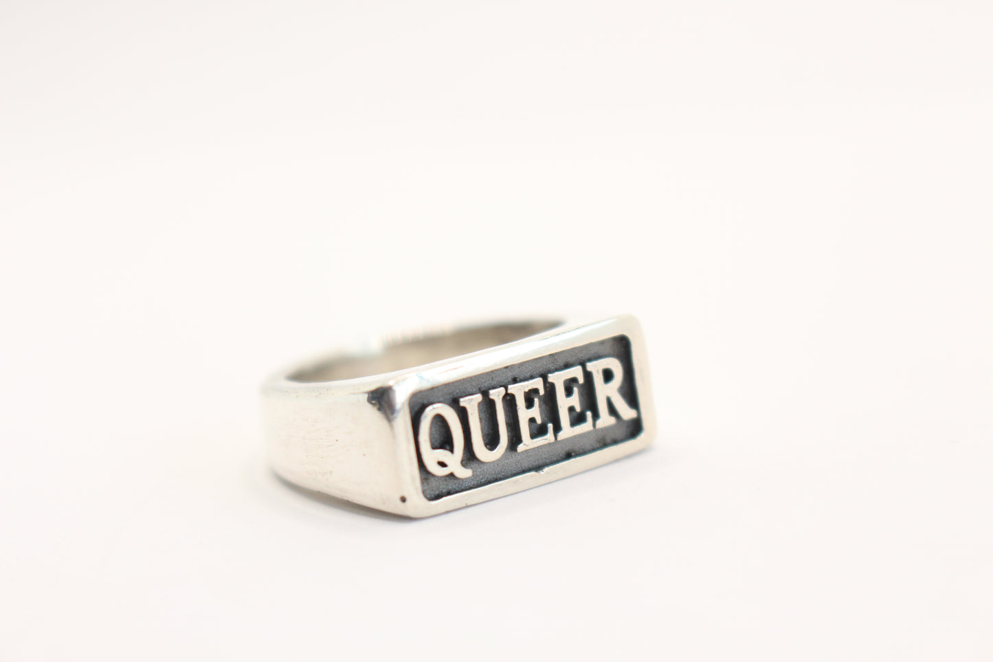 Sterling silver Ring rectangle shape with word QUEER shiny finished