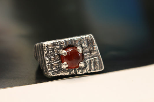 Sterling Silver Textured Ring with Hessonite Stone Size 8