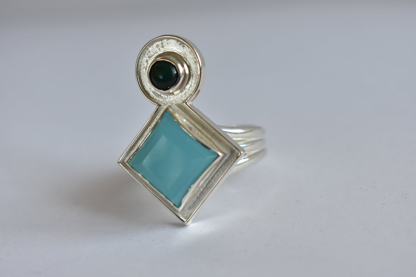 Sterling silver Blue Chalcedony and Jade stone  ring - Geometric -modernist