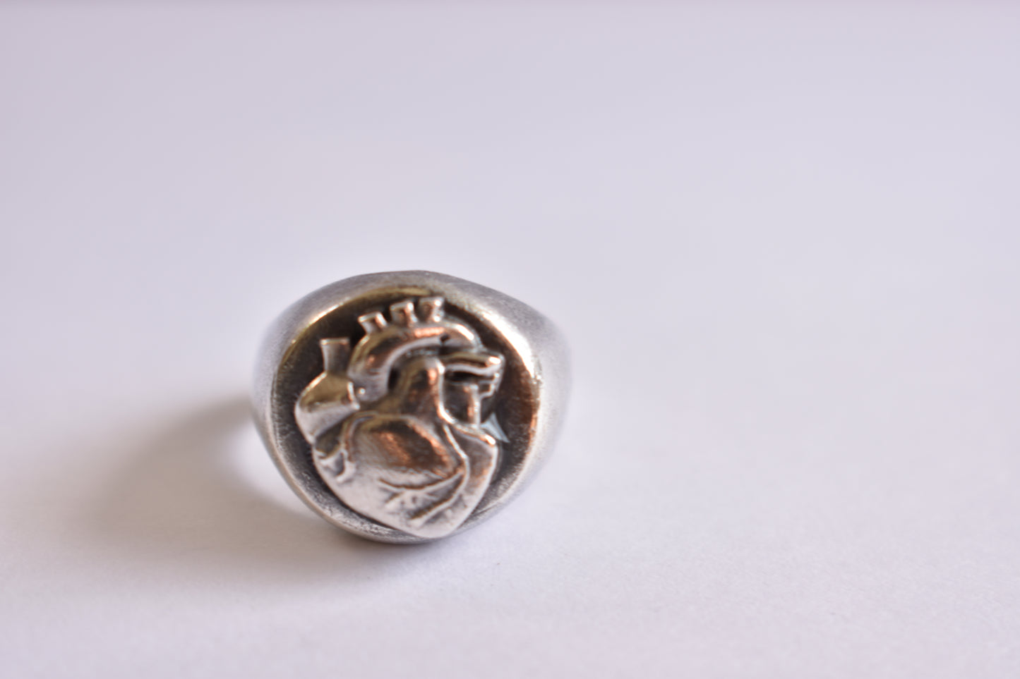 Sterling Silver and Anatomical Heart Signet Round Ring